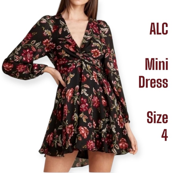 A.L.C. Annette Long Sleeve Silk Mini Dress Black Multi Color Floral Size 4 - Picture 1 of 9